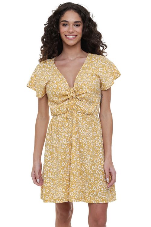Vestido Roxy Simple Thoughts Ochre Woodblock Ditsy